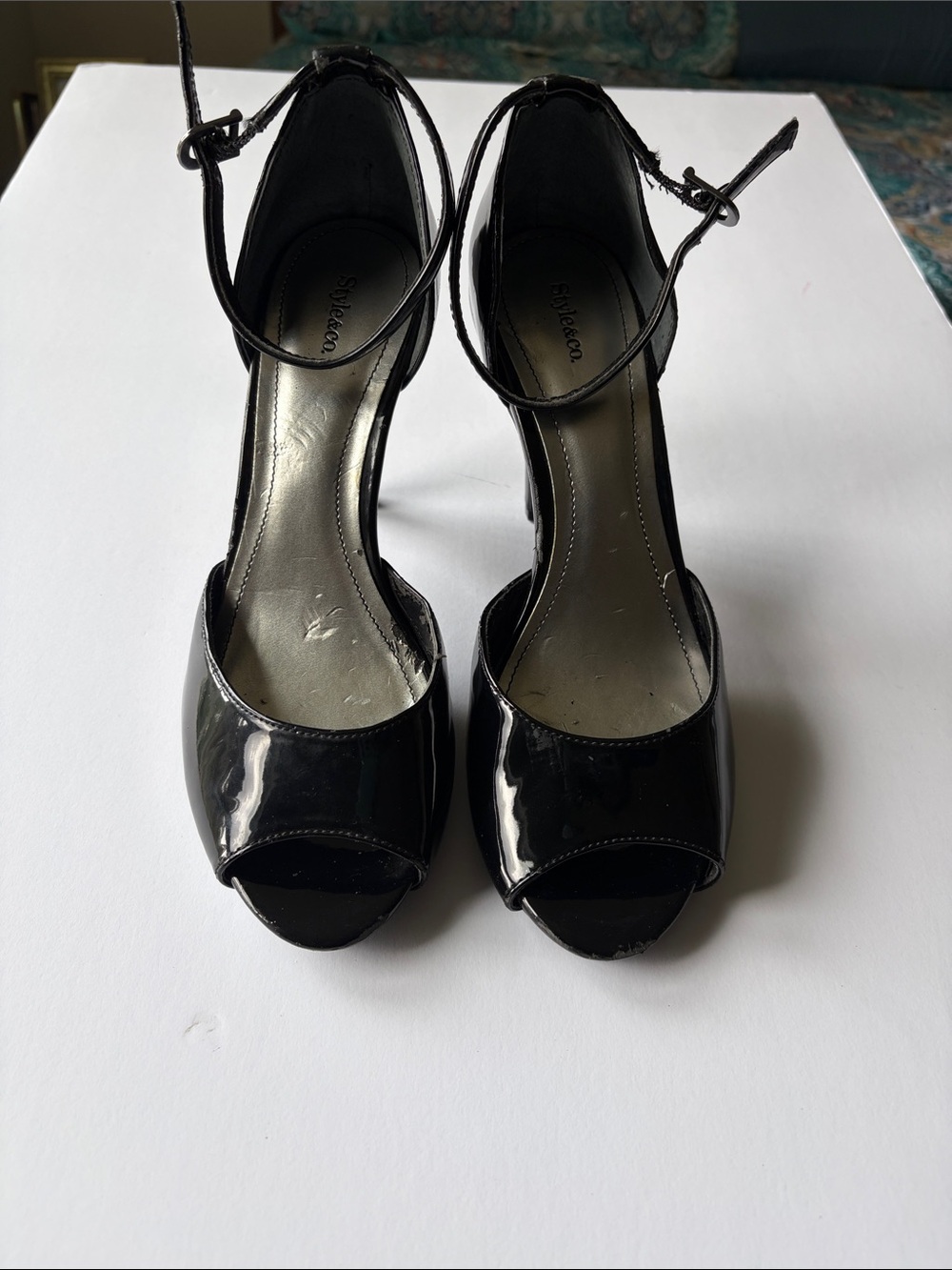 Style & Co. Black Patent Peep-Toe Ankle-Strap Heels